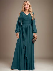 A-line Cold Shoulder V-Neck Floor-Length Chiffon Mother of the Bride Dress With Cascading Ruffles Beading