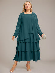 A-line Scoop Tea-Length Chiffon Mother of the Bride Dress With Cascading Ruffles