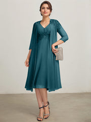 A-line V-Neck Knee-Length Chiffon Lace Mother of the Bride Dress With Pleated Beading Sequins