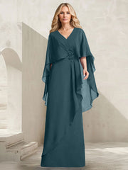 A-line V-Neck Floor-Length Chiffon Mother of the Bride Dress With Cascading Ruffles Beading