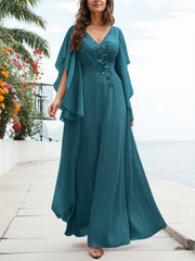 A-Line V-Neck Floor-Length Chiffon Mother Of The Bride Dresses With Appliques Lace