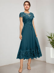 A-line Scoop Illusion Tea-Length Lace Chiffon Mother of the Bride Dress With Sequins