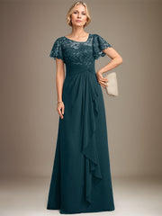 A-line Asymmetrical Illusion Floor-Length Lace Chiffon Mother of the Bride Dress With Cascading Ruffles Sequins
