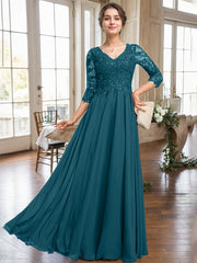 A-line V-Neck Floor-Length Lace Chiffon Mother of the Bride Dress With Sequins