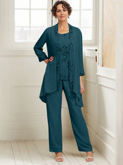 Elegant Appliques 3 Pieces Chiffon Mother of The Bride Jumpsuit with Wrap
