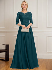 A-line Scoop Floor-Length Lace Chiffon Mother of the Bride Dress With Crystal Brooch Sequins