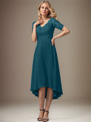 A-line V-Neck Asymmetrical Lace Chiffon Mother of the Bride Dress With Sequins