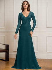 Sheath/Column V-Neck Detachable Sweep Train Lace Tulle Chiffon Mother of the Bride Dress With Sequins