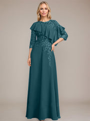 A-line Scoop Illusion Floor-Length Chiffon Lace Mother of the Bride Dress With Ruffle Sequins Beading