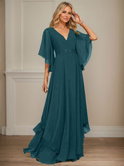 A-line V-Neck Floor-Length Chiffon Mother of the Bride Dress With Sequins Appliques Lace Beading