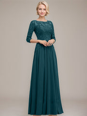 A-line Boat Neck Illusion Floor-Length Chiffon Lace Mother of the Bride Dress With Sequins Beading