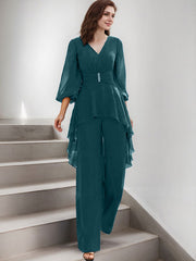 Jumpsuit/Pantsuit Puff Slevees Chiffon Mother Of The Bride Dresses