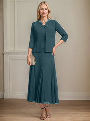 Separates A-line Scoop Tea-Length Chiffon Mother of the Bride Dress With Sequins Beading