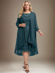 Sheath/Column Scoop Illusion Knee-Length Lace Chiffon Mother of the Bride Dress With Cascading Ruffles Sequins