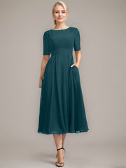 A-line Scoop Tea-Length Chiffon Mother of the Bride Dress With Appliques Lace Sequins