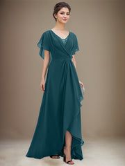 A-line V-Neck Asymmetrical Chiffon Mother of the Bride Dress With Sequins Beading Cascading Ruffles