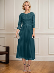 A-line Scoop Illusion Tea-Length Lace Chiffon Mother of the Bride Dress With Sequins Pleated