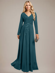 A-line V-Neck Floor-Length Stretch Crepe Evening Dress With Pleated Sequins Appliques Lace