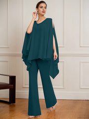 Separates Jumpsuit/Pantsuit V-Neck Floor-Length Chiffon Mother of the Bride Dress With Beading