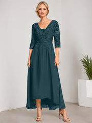 A-line V-Neck Asymmetrical Chiffon Lace Mother of the Bride Dress With Pleated Beading