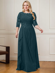 A-line Scoop Floor-Length Lace Chiffon Mother of the Bride Dress With Cascading Ruffles Sequins