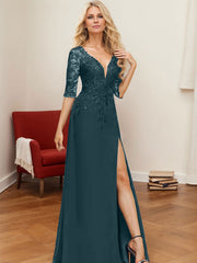 A-Line V-Neck 1/2 Sleeves Floor-Length Chiffon Mother Of The Bride Dresses With Lace