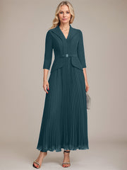 A-line Collared V-Neck Ankle-Length Chiffon Mother of the Bride Dress With Beading Pleated