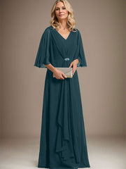 A-line V-Neck Floor-Length Chiffon Mother of the Bride Dress With Cascading Ruffles Crystal Brooch