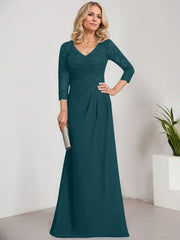 Sheath/Column V-Neck Illusion Floor-Length Lace Chiffon Mother of the Bride Dress With Pleated Sequins
