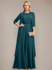 A-line Scoop Illusion Floor-Length Lace Chiffon Mother of the Bride Dress With Pleated