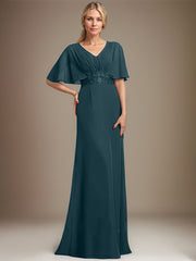A-line V-Neck Floor-Length Chiffon Mother of the Bride Dress With Sequins Appliques Lace Pleated