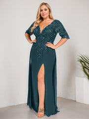 Sheath/Column V-Neck Floor-Length Lace Chiffon Mother of the Bride Dress With Sequins