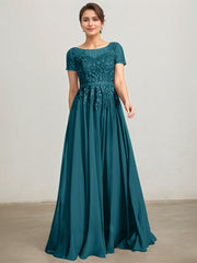 A-line Illusion Scoop Floor-Length Lace Chiffon Mother of the Bride Dress With Sequins