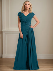 A-line V-Neck Floor-Length Chiffon Mother of the Bride Dress With Pleated Sequins Beading