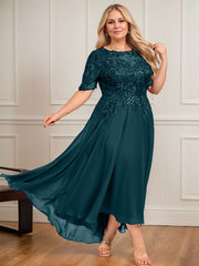A-line Scoop Illusion Asymmetrical Lace Chiffon Mother of the Bride Dress With Sequins