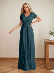 Elegant A-Line Chiffon V-neck Mother of the Brides Dresses Lace Top MOB Dresses