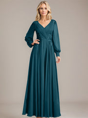 A-line V-Neck Floor-Length Chiffon Mother of the Bride Dress With Sequins Appliques Lace Pleated