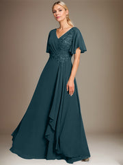 A-line V-Neck Floor-Length Lace Chiffon Mother of the Bride Dress With Cascading Ruffles Sequins