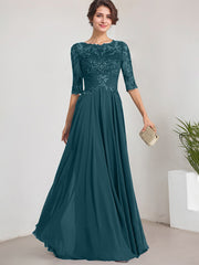 A-line Scoop Illusion Floor-Length Lace Chiffon Mother of the Bride Dress With Pleated Sequins