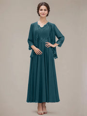 A-line V-Neck Ankle-Length Chiffon Mother of the Bride Dress With Sequins Appliques Lace Beading