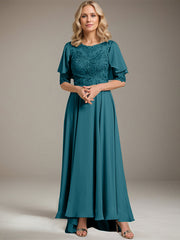 A-line Scoop Illusion Asymmetrical Chiffon Lace Mother of the Bride Dress With Beading