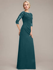 A-line Scoop Floor-Length Chiffon Lace Mother of the Bride Dress With Sequins Beading Pleated