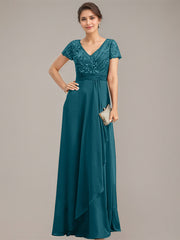 A-line V-Neck Floor-Length Chiffon Lace Mother of the Bride Dress With Beading Sequins Cascading Ruffles