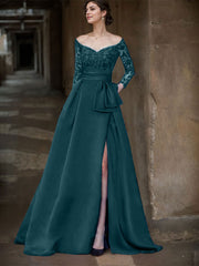 A-Line Off-The-Shoulder 3/4 Sleeves Sweep Train Lace/Satin Mother Of The Bride Dresses With Split Front