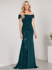 A-Line Off the Shoulder Floor-Length Chiffon Mother of the Bride Dress Applique Beadings Mermaid Dress With  High Split