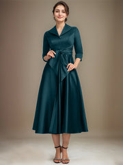 A-line V-Neck Collared Tea-Length Satin Mother of the Bride Dress