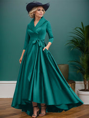 A-Line V-Neck 3/4 Sleeves Satin Mother Of The Bride Dresses With Pockets