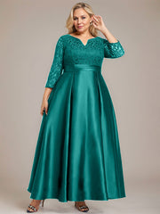 A-line V-Neck Ankle-Length Lace Satin Mother of the Bride Dress With Rhinestone