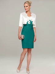 Sheath/Column V-Neck Knee-Length Satin Mother of the Bride Dress With Jacket Appliqued