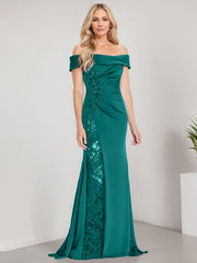 A-Line Off the Shoulder Floor-Length Chiffon Mother of the Bride Dress Applique Beadings Mermaid Dress With  High Split